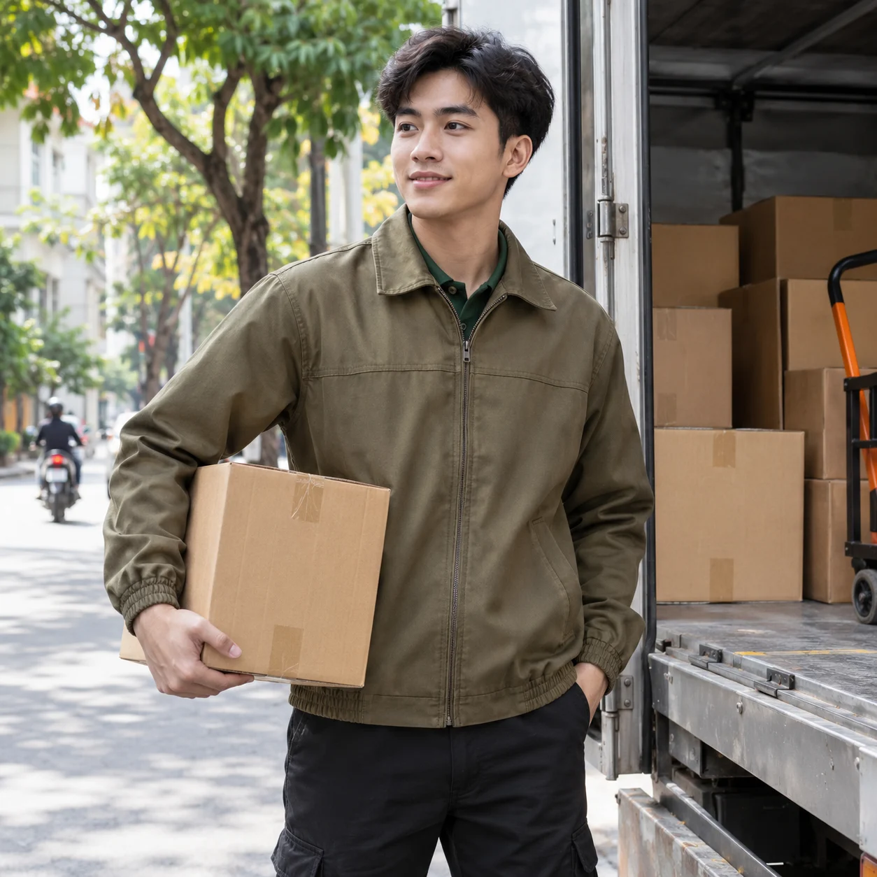 Áo khoác đồng phục canvas nâu olive cổ đứng