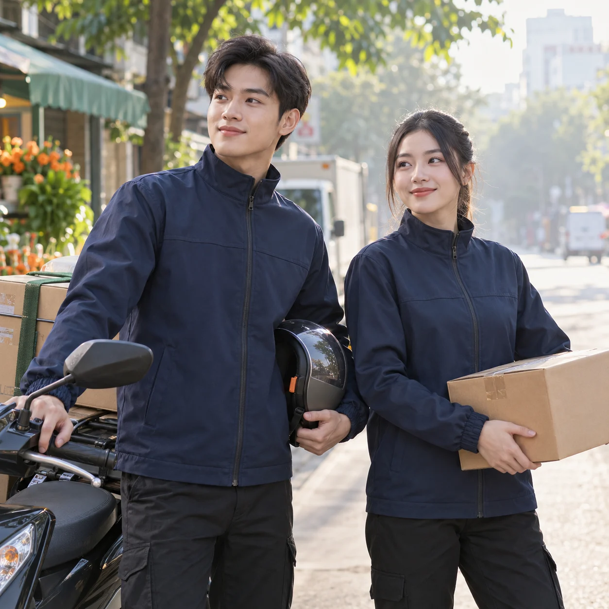 Áo khoác đồng phục kaki xanh than dáng đứng