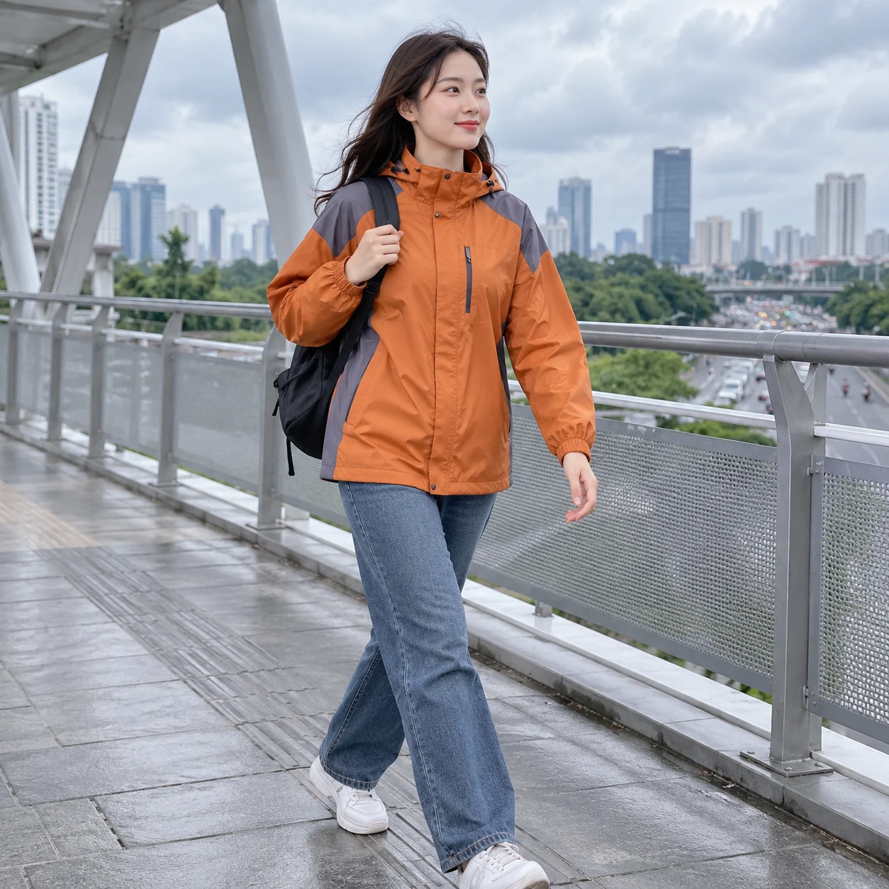 Áo khoác gió đồng phục cam đất phối xám