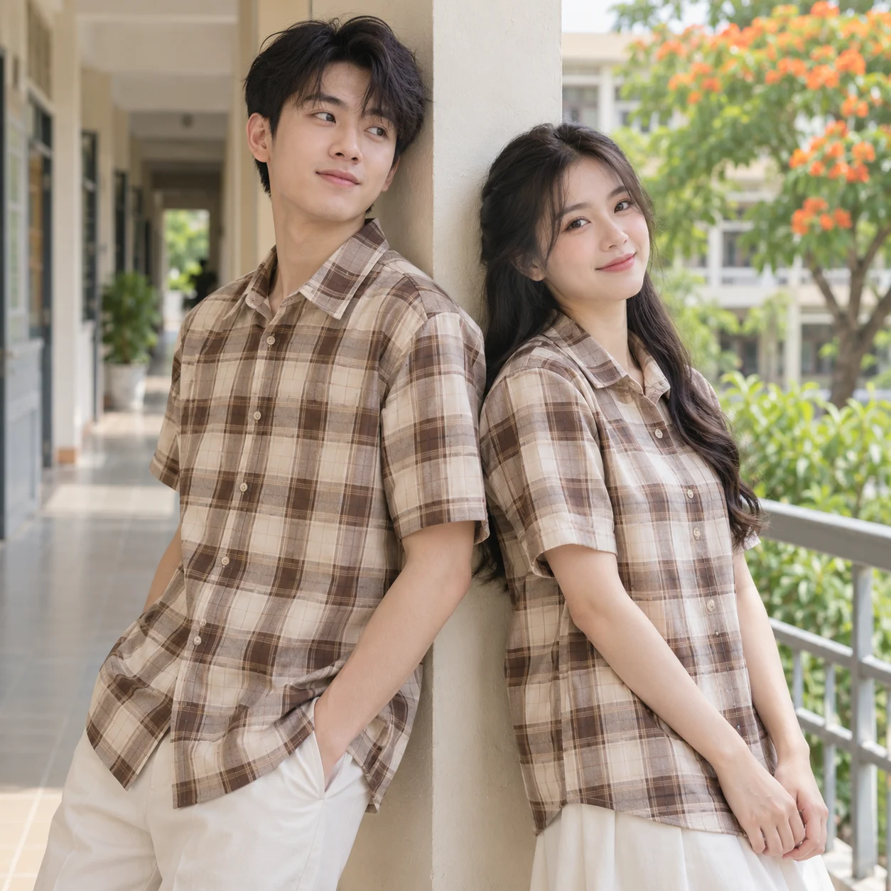 Áo lớp caro cotton be nâu cổ bẻ trẻ trung