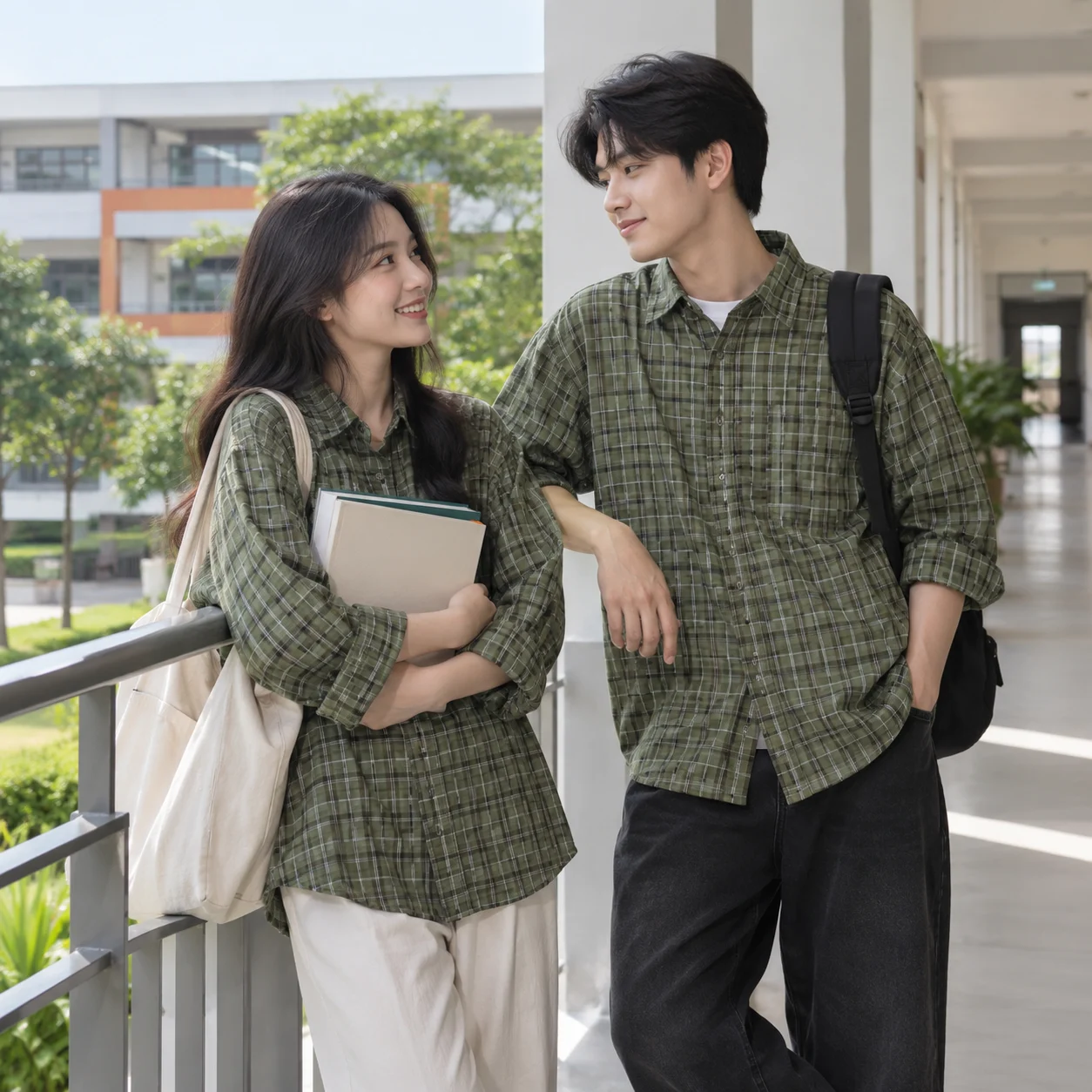 Áo lớp caro flannel xanh olive form rộng cá tính