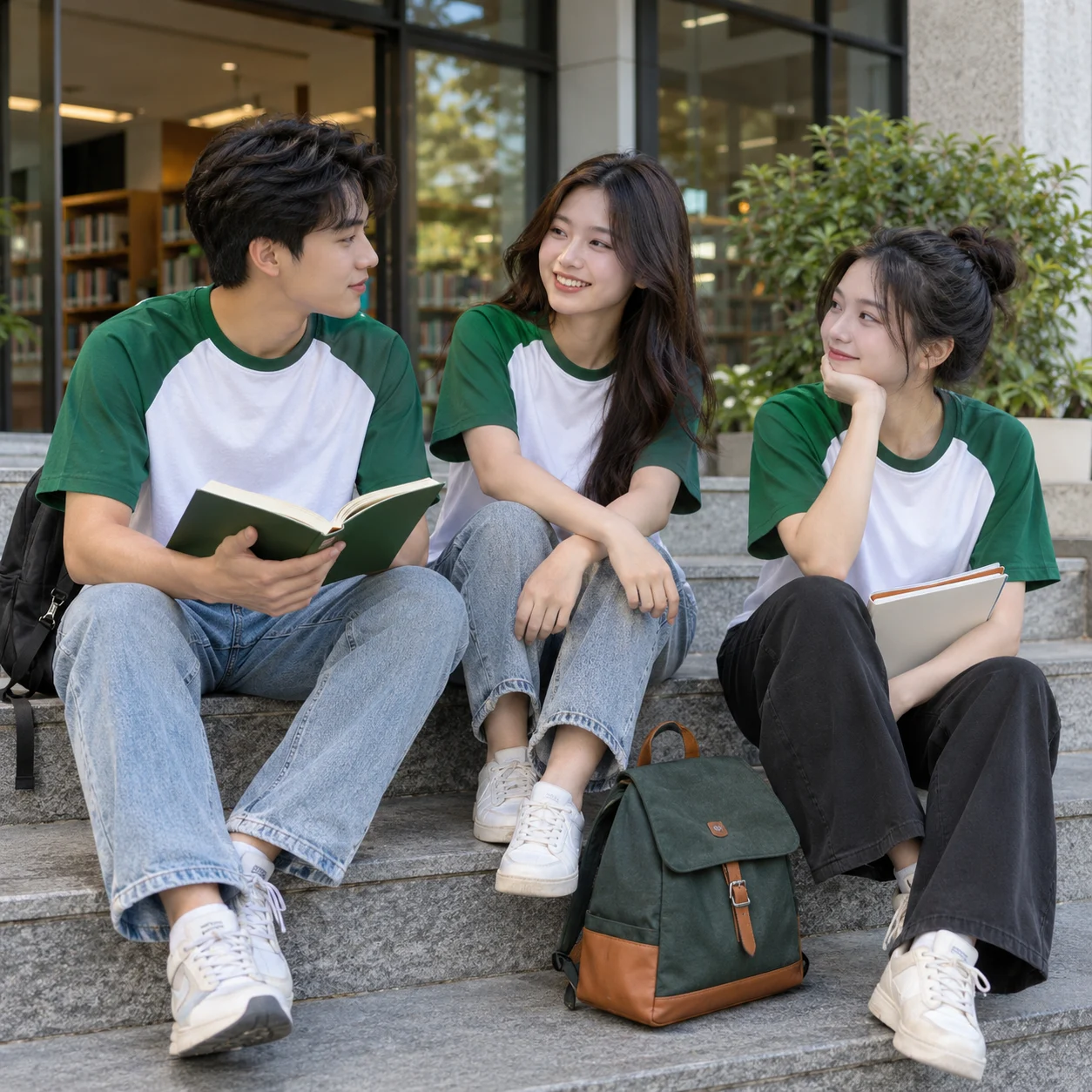 Áo lớp raglan cotton trắng phối xanh lá