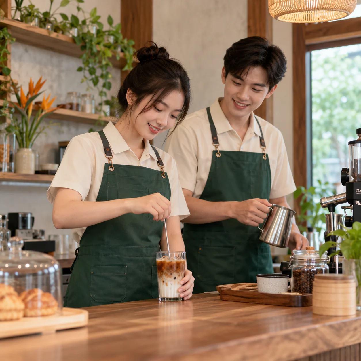 Áo phông kem phối tạp dề xanh rêu cho quán