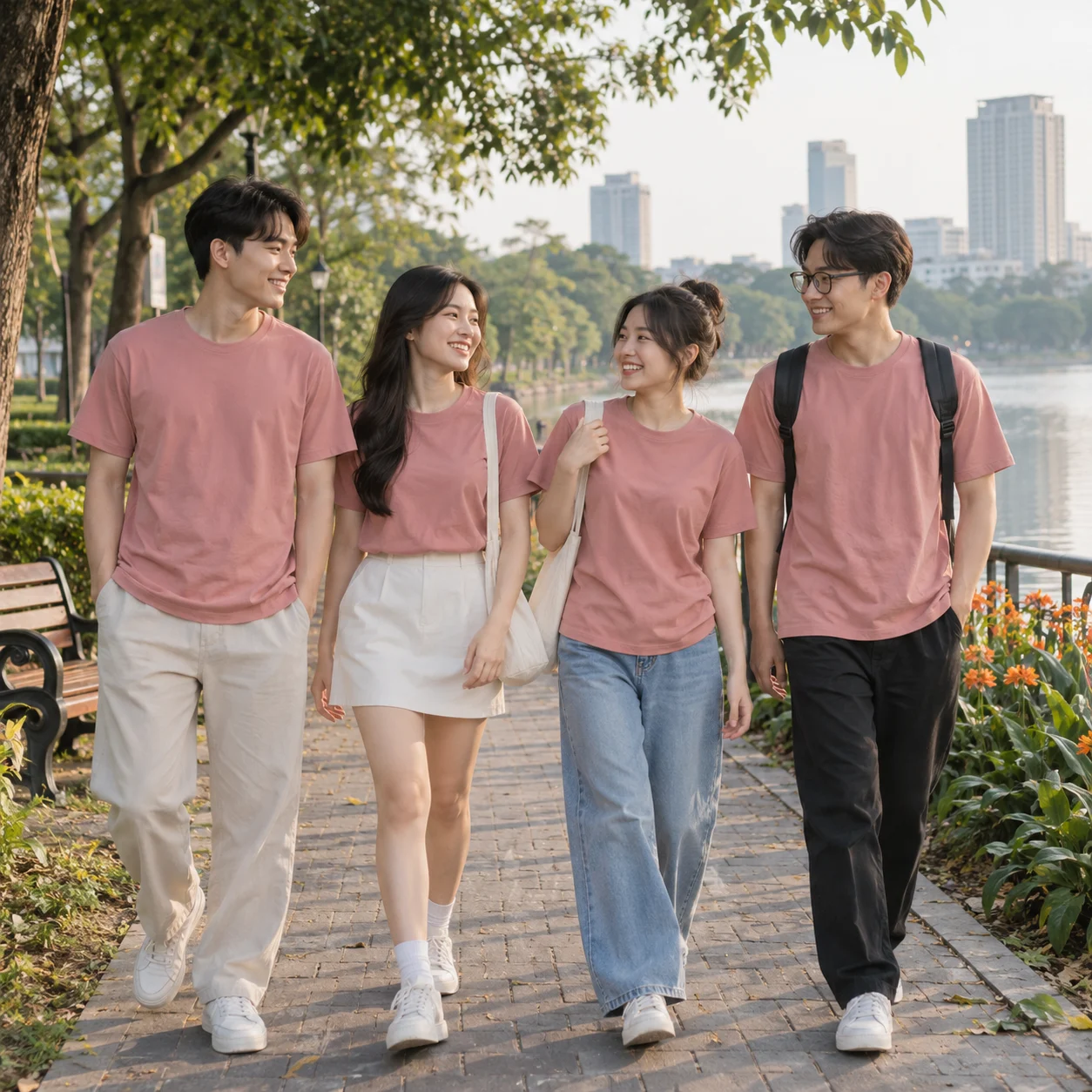 Áo phông nhóm cotton hồng đất in nét mảnh