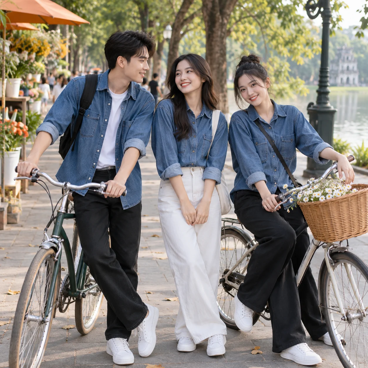 Áo phông nhóm cotton xanh denim in biểu tượng nhỏ