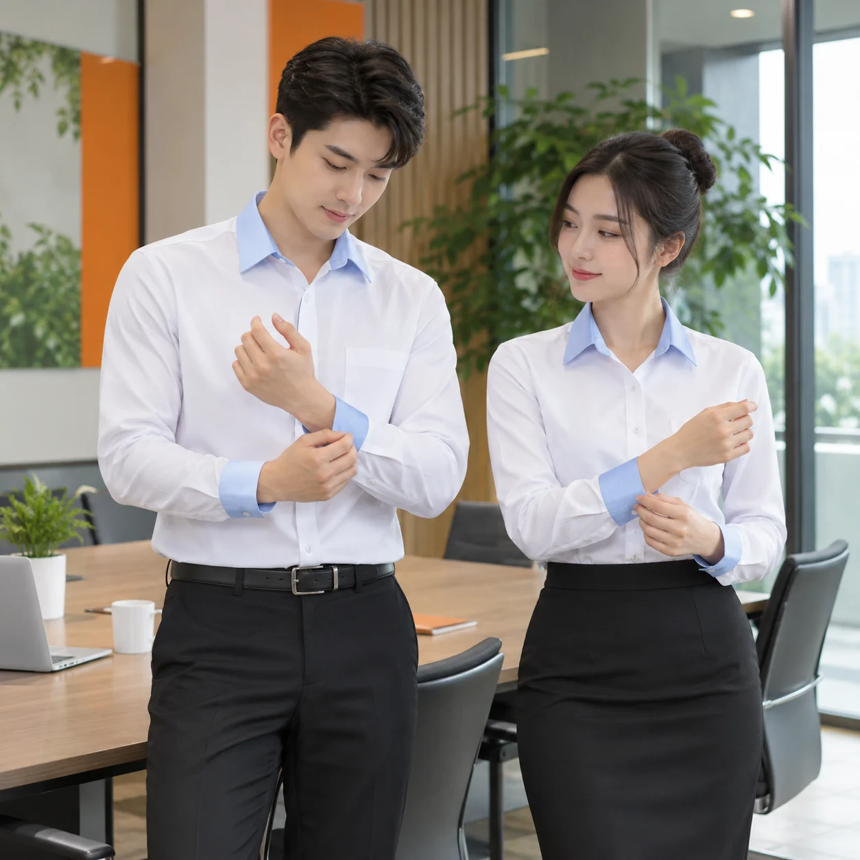 Áo sơ mi đồng phục kate trắng phối xanh nhạt