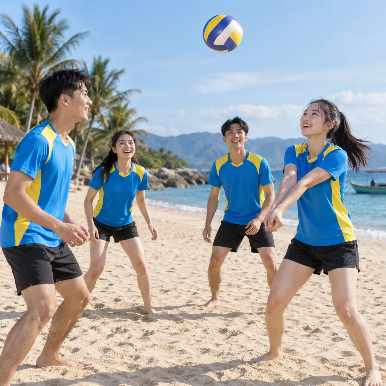 Áo team building polyester xanh biển phối vàng
