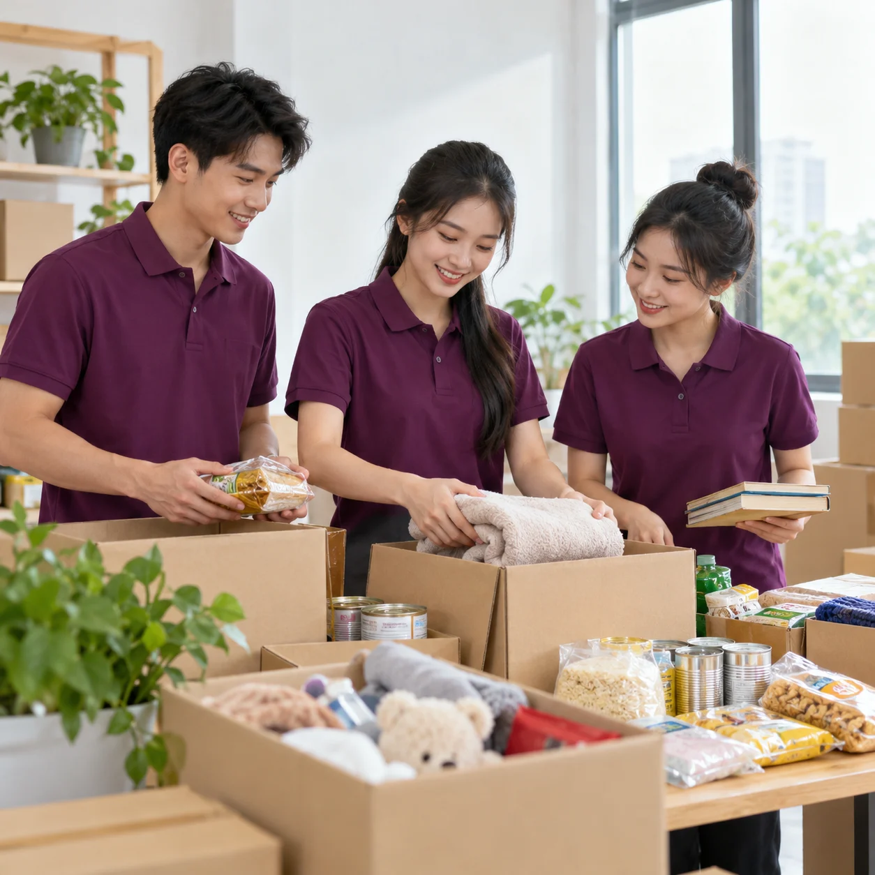Áo thun nhóm cotton tím mận cổ tròn trẻ trung