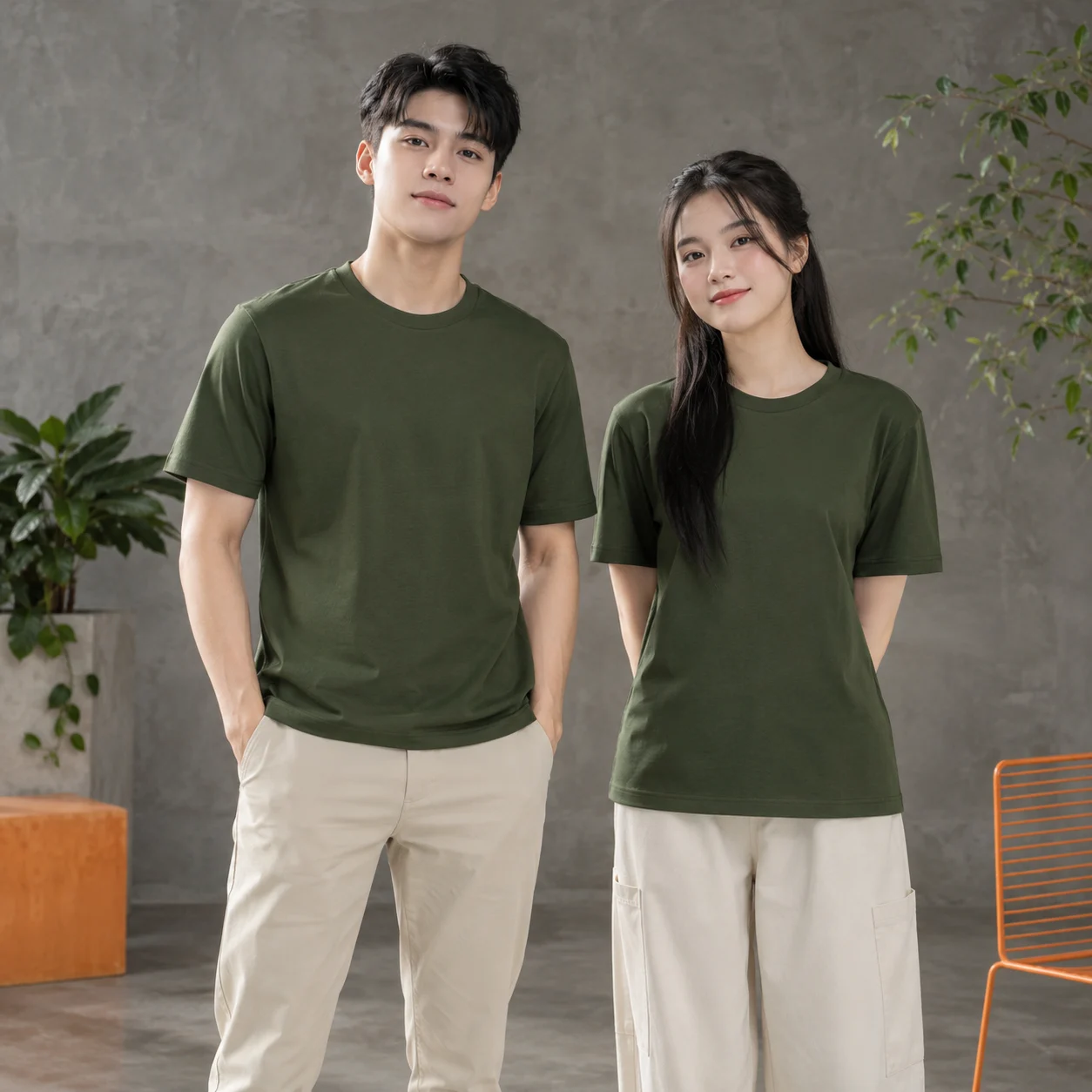 Áo t-shirt cotton compact xanh rêu cổ tròn