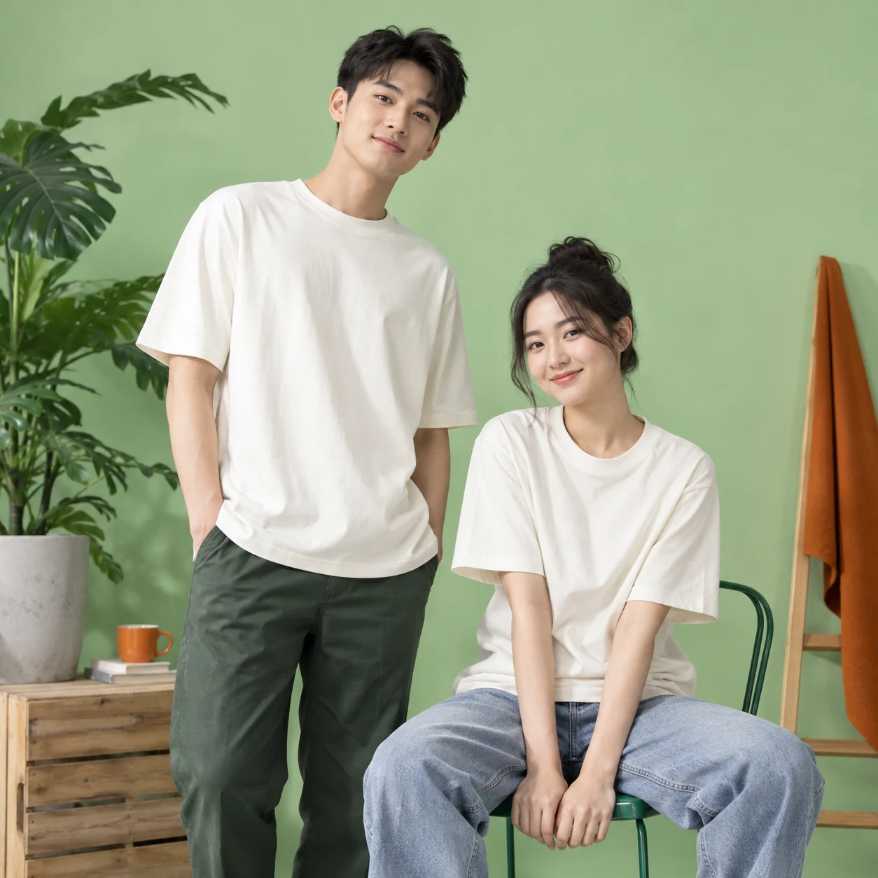 Áo t-shirt cotton trắng ngà form boxy hiện đại