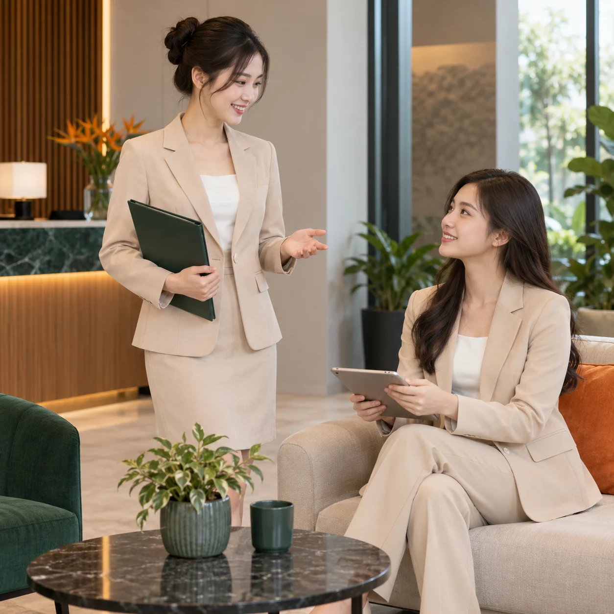 Bộ công sở nữ be cát blazer dáng lửng