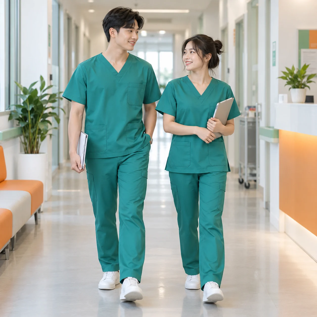 Bộ scrubs y tế kaki thun xanh ngọc cổ tim