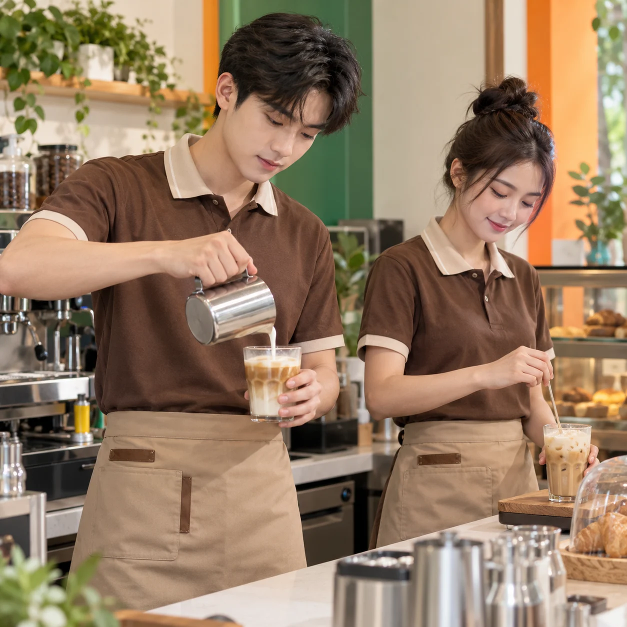 Đồng phục quán cafe fastfood nâu be năng động