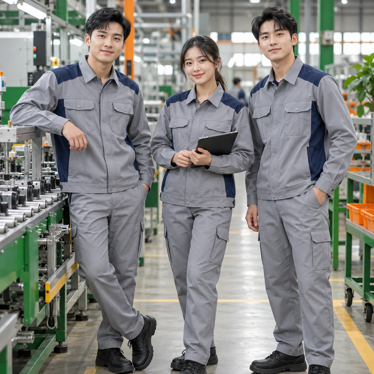 Bộ đồng phục công nhân kaki ghi phối xanh navy