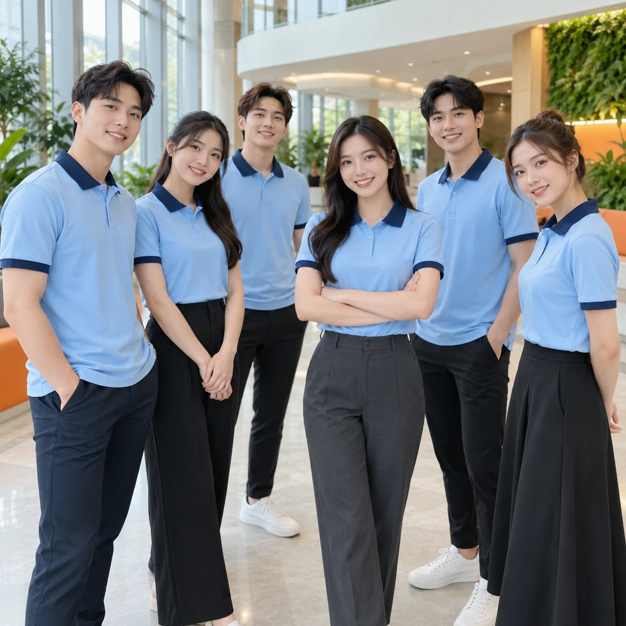 Đồng phục công ty polo xanh thiên thanh phối navy