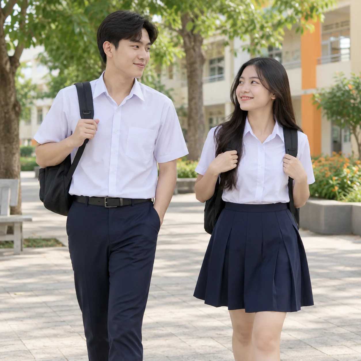 Bộ đồng phục học sinh sơ mi trắng quần xanh than