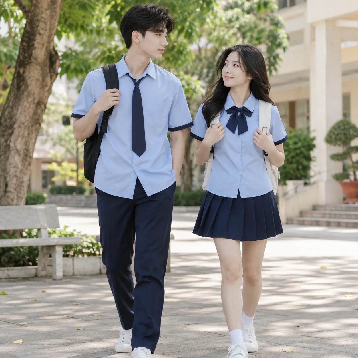Đồng phục học sinh sơ mi xanh nhạt quần navy