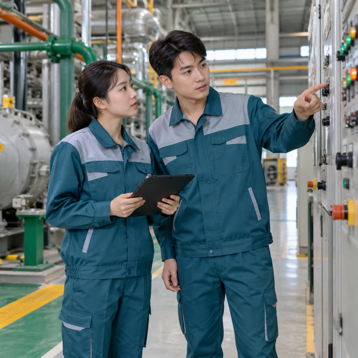 Đồng phục kỹ sư kaki xanh petrol phối ghi