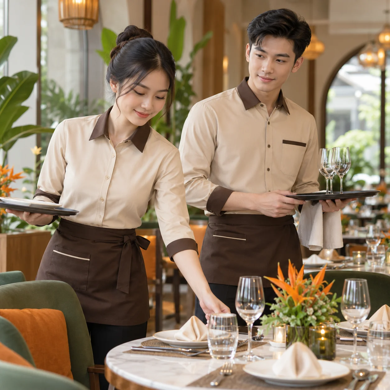 Bộ đồng phục nhà hàng khách sạn be nâu sang trọng