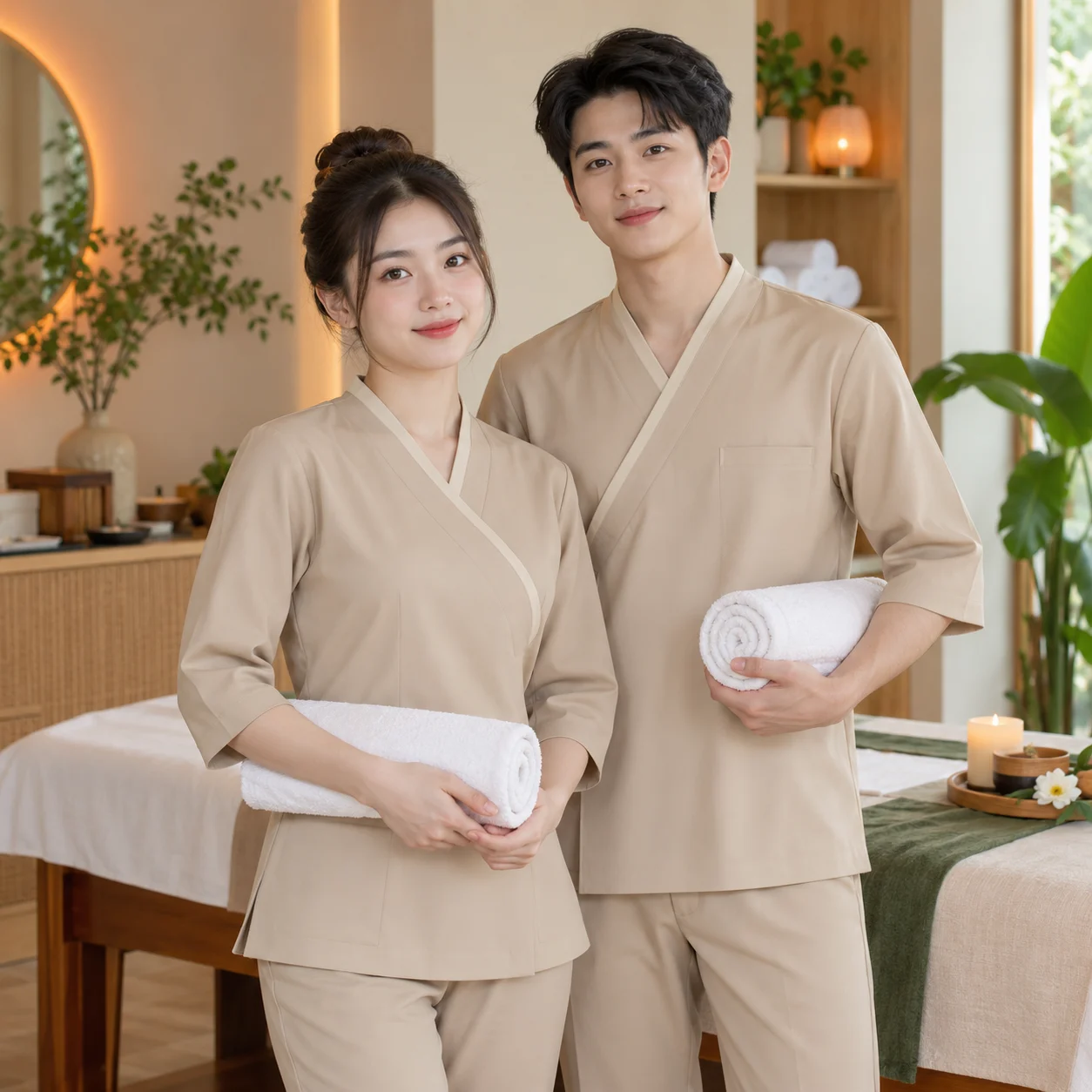 Bộ đồng phục spa lụa tuyết màu be cổ chéo