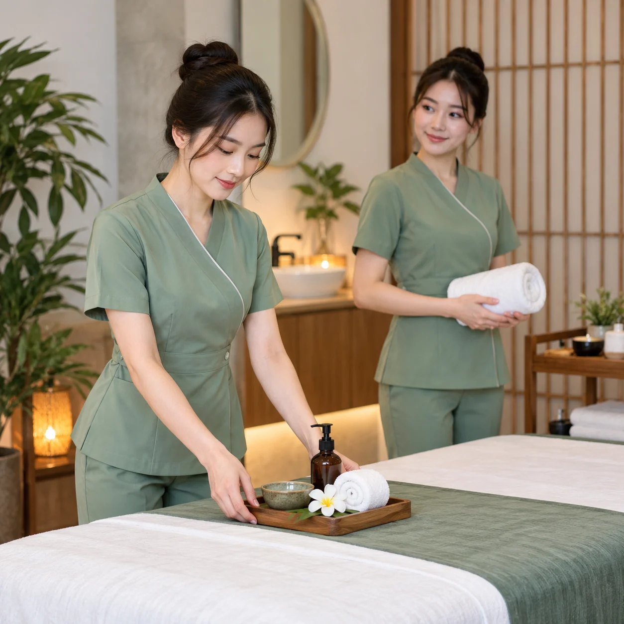 Đồng phục spa xanh sage cổ chéo tối giản