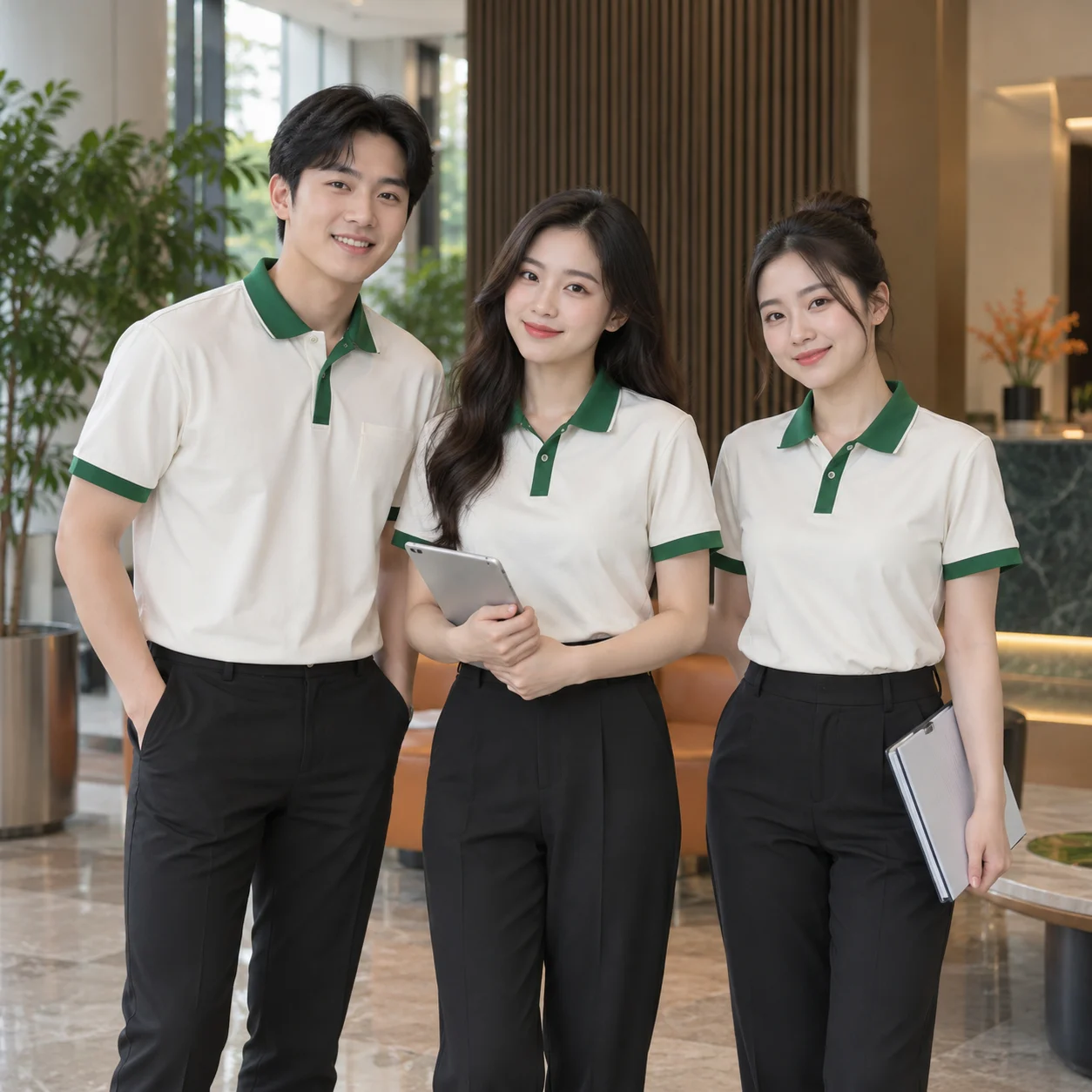 Đồng phục công ty polo trắng kem phối xanh lá