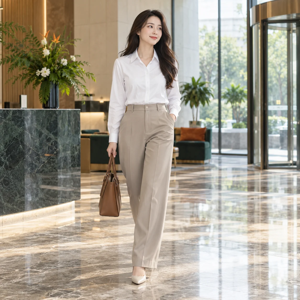 Quần âu nữ be xám ống suông cạp cao