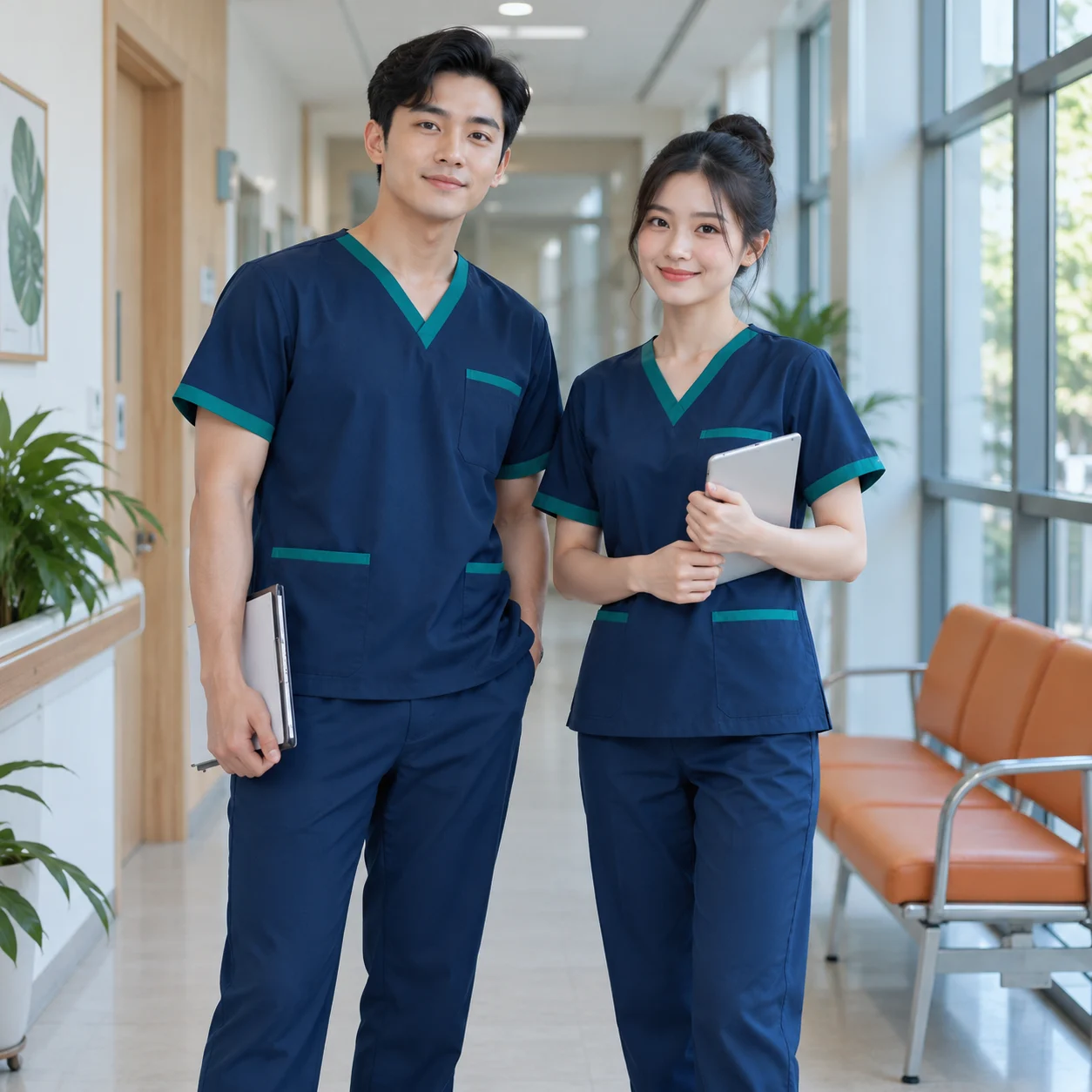 Bộ scrub y tế xanh navy phối xanh ngọc