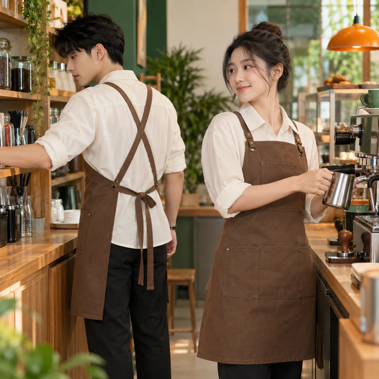 Tạp dề canvas nâu đất dây chéo lưng