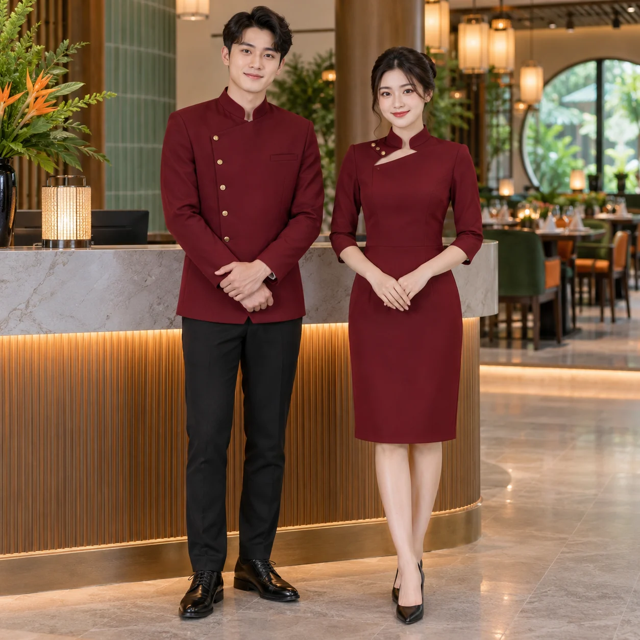 Váy đồng phục lễ tân nhà hàng đỏ rượu cổ cách điệu