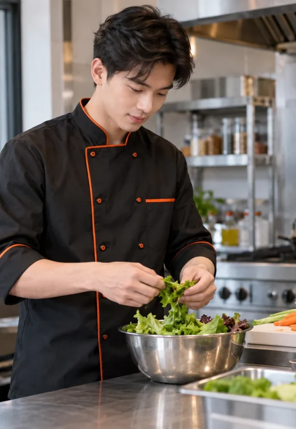 Áo bếp kaki đen viền cam tay lỡ