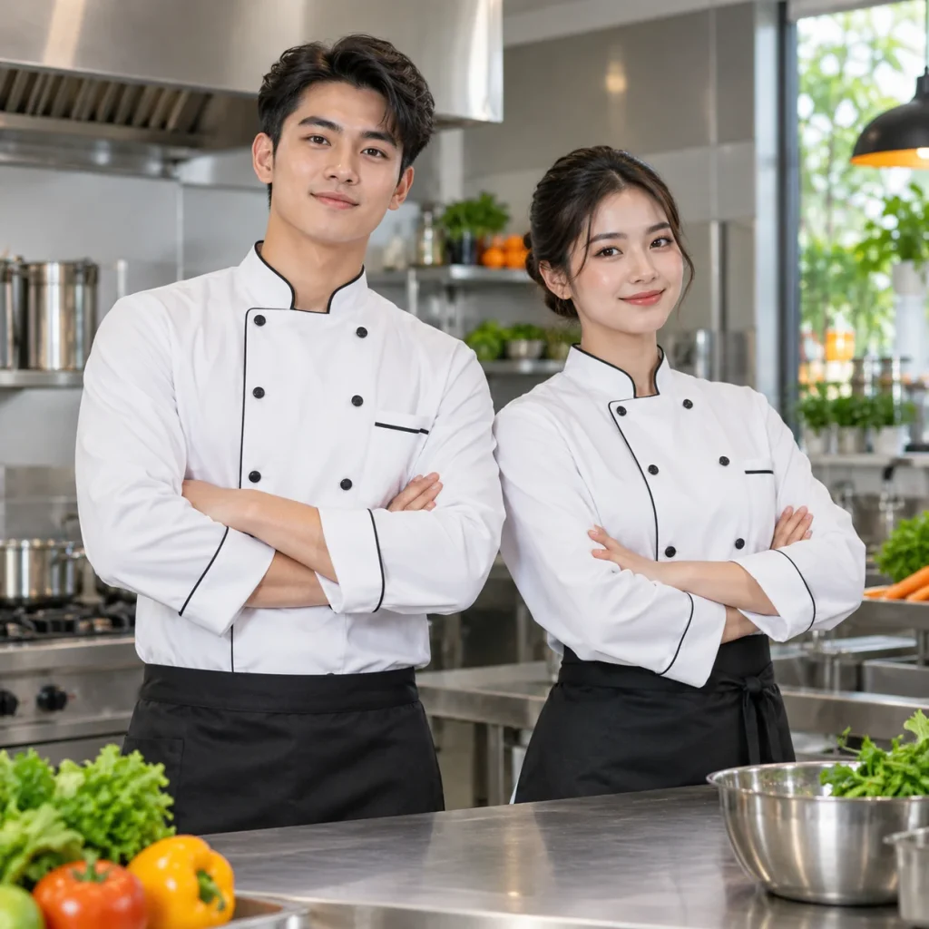 Áo bếp trưởng kaki trắng viền đen cổ tàu