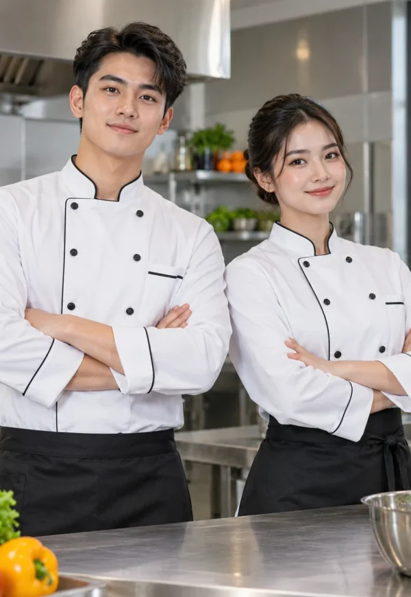 Áo bếp trưởng kaki trắng viền đen cổ tàu