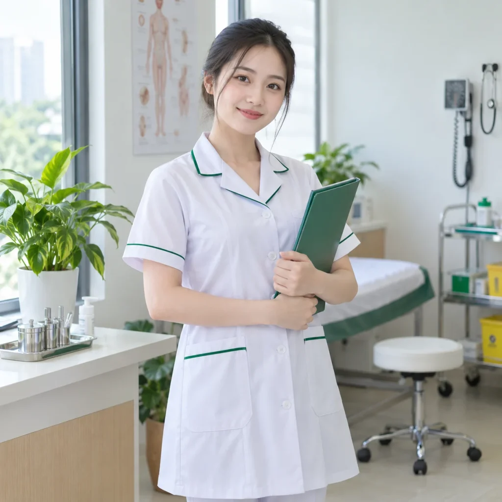 Áo blouse y tế trắng viền xanh lá tay lỡ