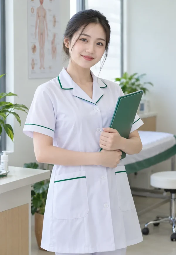 Áo blouse y tế trắng viền xanh lá tay lỡ