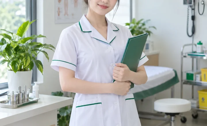 Áo blouse y tế trắng viền xanh lá tay lỡ
