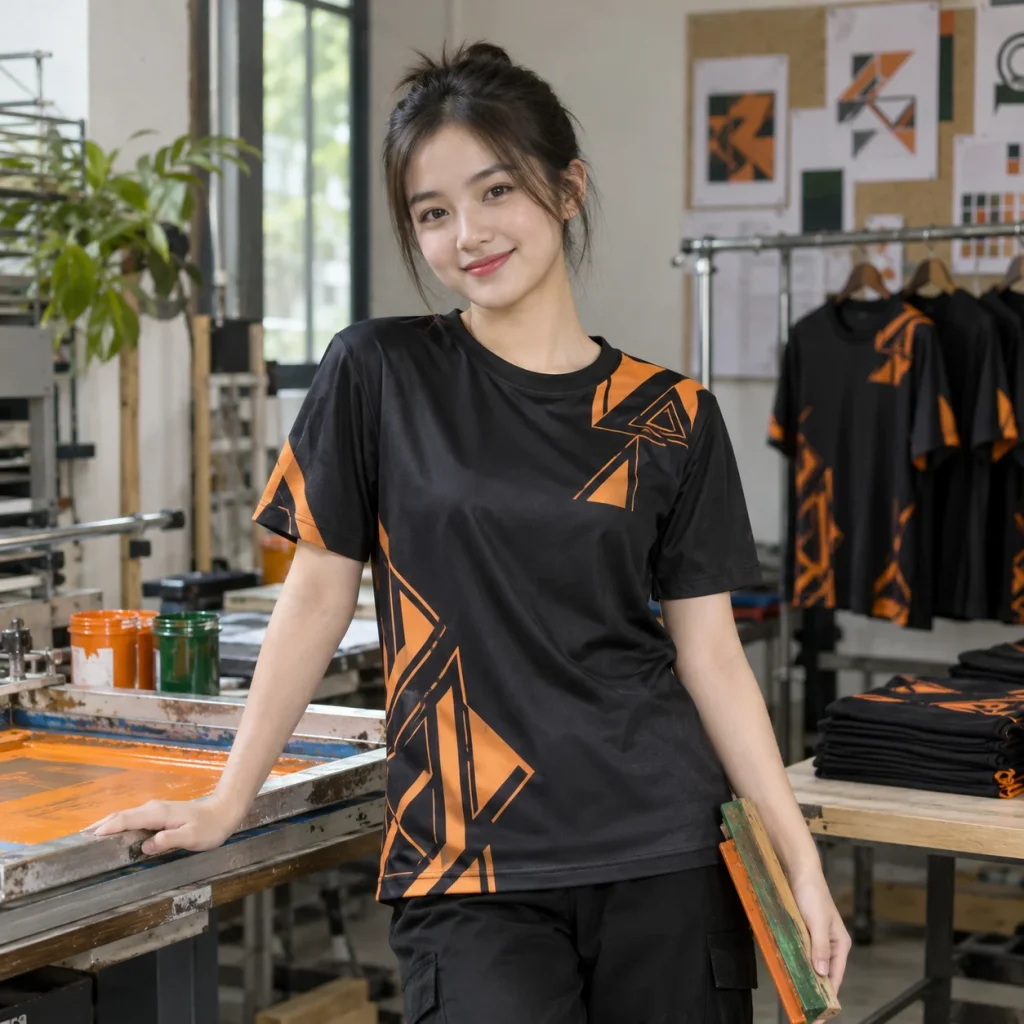 Áo in theo yêu cầu cotton đen họa tiết cam tối giản