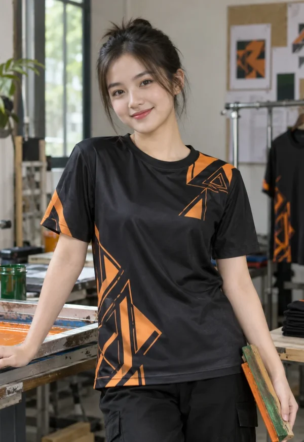 Áo in theo yêu cầu cotton đen họa tiết cam tối giản