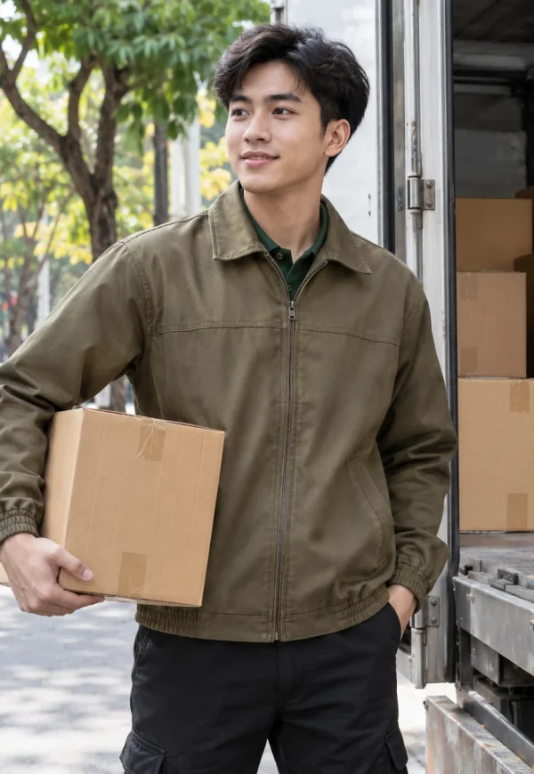 Áo khoác đồng phục canvas nâu olive cổ đứng