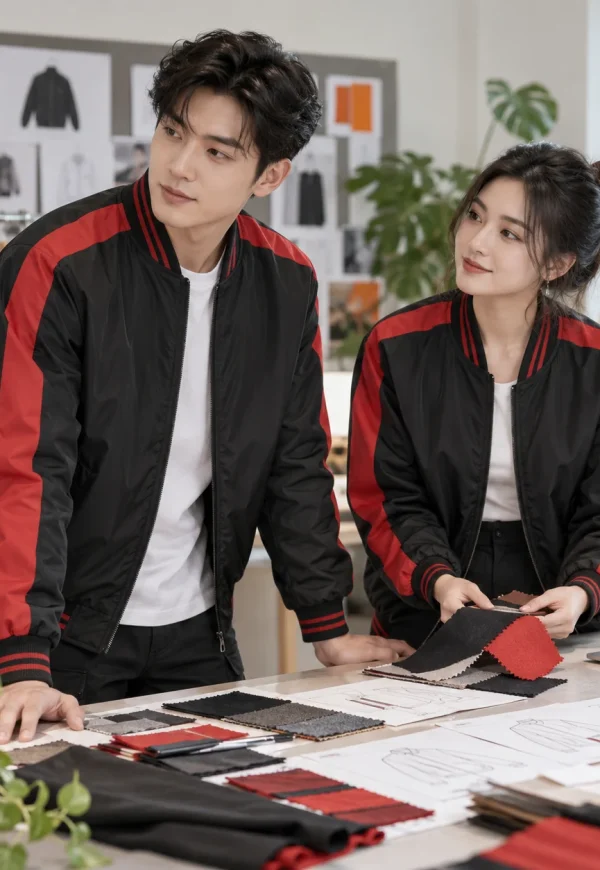 Áo khoác đồng phục đặt may bomber đen phối đỏ