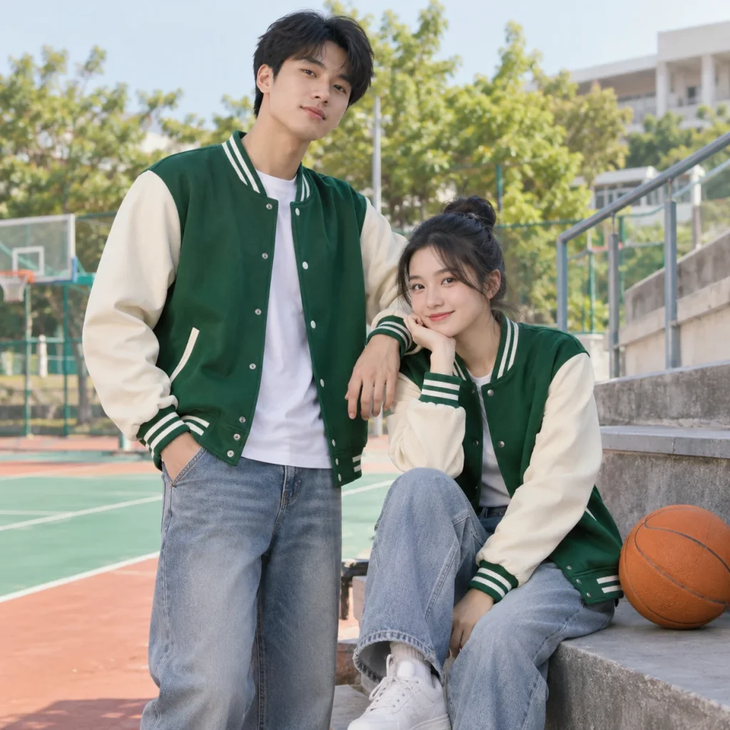 Áo khoác varsity order xanh lá kem phong cách trẻ