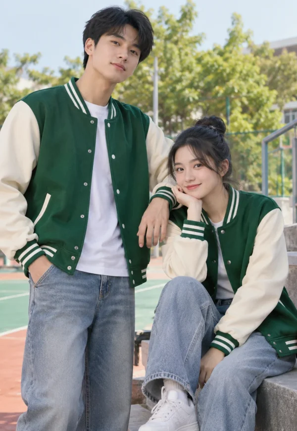 Áo khoác varsity order xanh lá kem phong cách trẻ