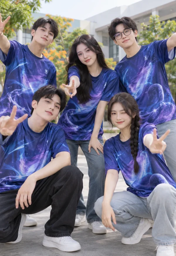 Áo lớp 3D polyester mè xanh tím phong cách vũ trụ