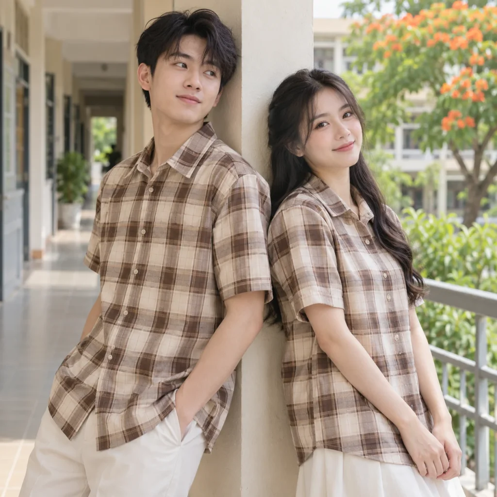 Áo lớp caro cotton be nâu cổ bẻ trẻ trung