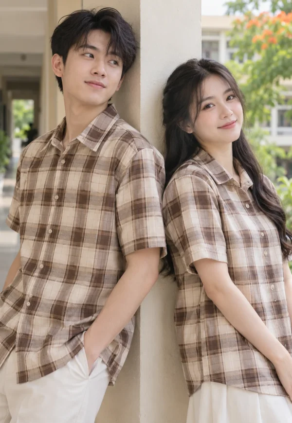 Áo lớp caro cotton be nâu cổ bẻ trẻ trung