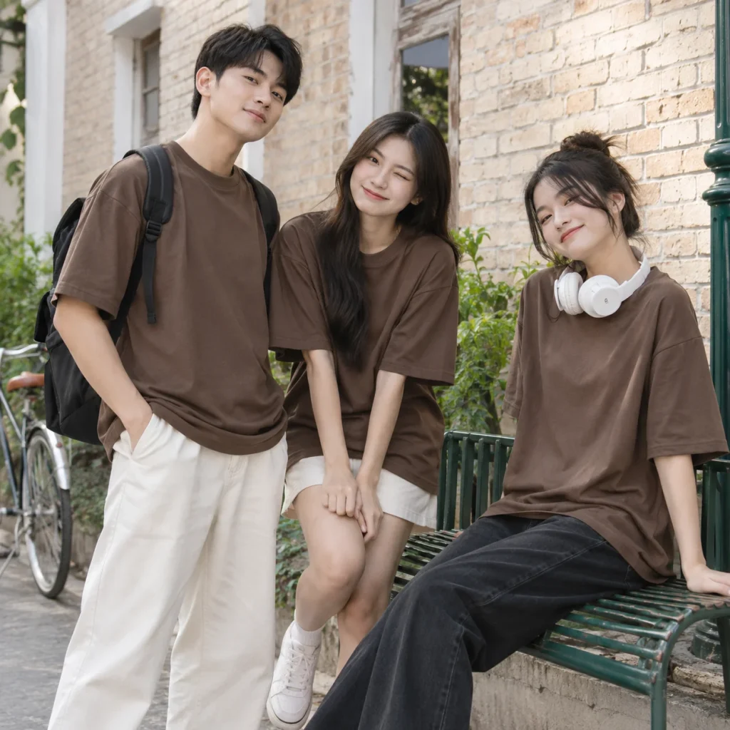 Áo lớp oversize cotton nâu cacao phong cách đường phố