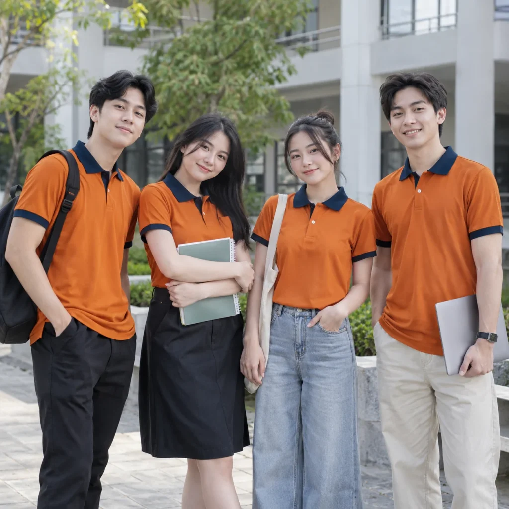 Áo lớp polo cam cháy phối xanh đen