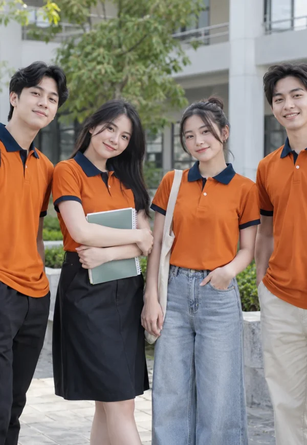Áo lớp polo cam cháy phối xanh đen