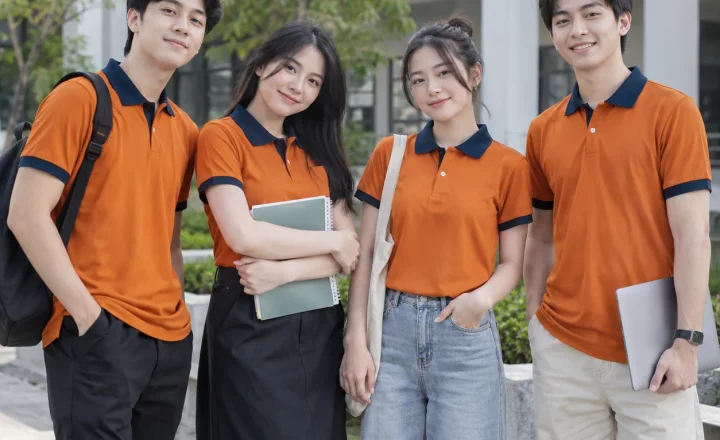 Áo lớp polo cam cháy phối xanh đen