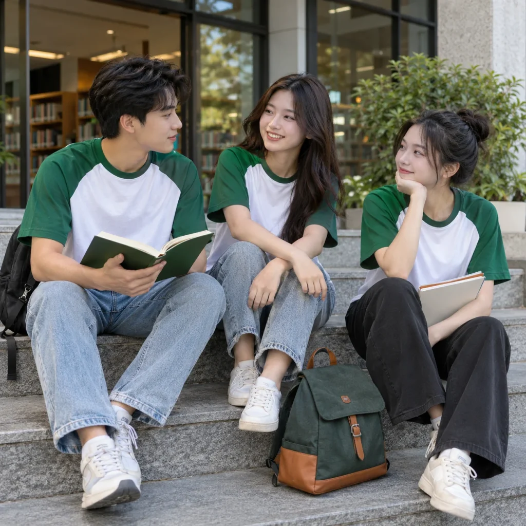Áo lớp raglan cotton trắng phối xanh lá